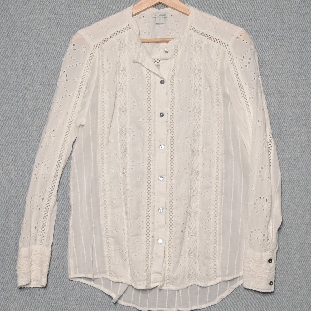Sundance Marion Embroidered Eyelet White Cotton Button Down Blouse Size Medium